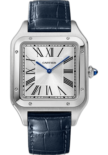 Cartier Santos-Dumont Watch - 46.6 mm x 33.9 mm Steel Case - Silver Dial - Navy Blue Leather Strap - WSSA0032 46.6mm Ref. WSSA0032