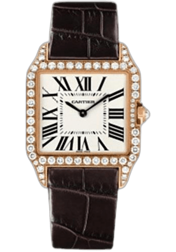Cartier Rose Gold Diamond Silver Dial Santos-Dumont Watch - Small Pink Gold Diamond Case - Silver Dial - Alligator Strap - WH100351 Watch Ref. WH100351