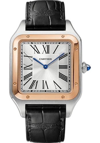 Santos-Dumont Watch - 46.6 mm x 33.9 mm Steel Case - Pink Gold Bezel - Silver Dial - Black Leather Strap - W2SA0017 46.6mm Rose Gold by Cartier