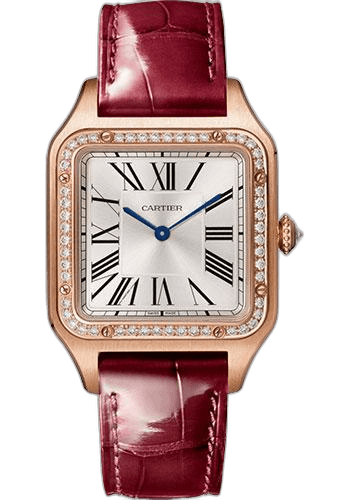 Santos-Dumont Watch - 43.5 mm x 31.4 mm Pink Gold Case - Silver Satin-Brushed Dial - Bordeaux Leather Strap - WJSA0016 43.5mm Rose Gold · Cartier WJSA0016
