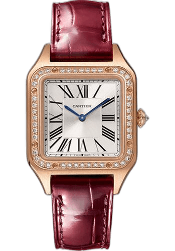 Cartier Santos-Dumont Watch - 38 mm x 27.5 mm Pink Gold Case - Silver Satin-Brushed Dial - Burgundy Leather Strap - WJSA0017 38mm Rose Gold Watch Ref. WJSA0017