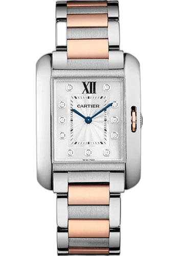 Cartier Tank Anglaise Watch - Medium Steel Case - Silvered Diamond Dial - Pink Gold And Steel Bracelet - WT100032 & Rose Gold Silvered Diamond Dial Watch Ref. WT100032