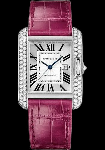 Cartier Tank Anglaise Watch - 39.2 mm White Gold Diamond Case - Silvered Dial - Fuschia Alligator Strap - WT100018 39.2mm Diamond Silvered Dial