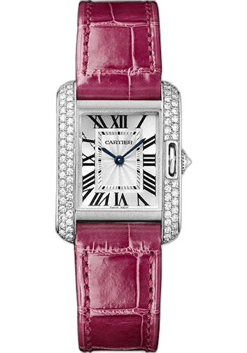 Cartier Tank Anglaise Watch - 30.2 mm White Gold Diamond Case - Silvered Dial - Fuschia Alligator Strap - WT100015 30.2mm Diamond Silvered Dial
