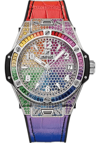Hublot Big Bang One Click Steel Rainbow Watch - 39 mm - White Dial - Black Rubber and Multicolored Leather Strap-465.SX.9910.LR.0999 39mm Ref. 465.SX.9910.LR.0999