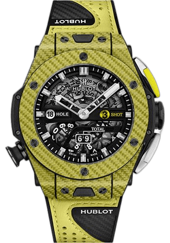 Hublot Big Bang Unico Golf Yellow Carbon Watch - 45 mm - Black Skeleton Dial - Black Rubber With Carbon Fiber Texture Decor and Yellow Calf Leather Strap Limited Edition of 100-416.YY.1120.VR 45mm Fiber Black Dial (416.YY.1120.VR