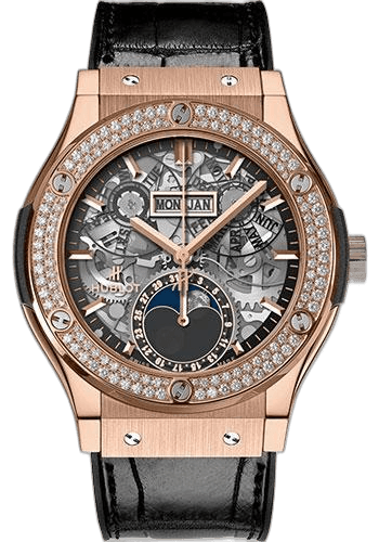 Hublot Classic Fusion Aerofusion Moonphase King Gold Diamonds Watch - 42 mm - Sapphire Dial - Black Rubber and Leather Strap-547.OX.0180.LR.1104 42mm Diamond Sapphire Dial Ref. 547.OX.0180.LR.1104