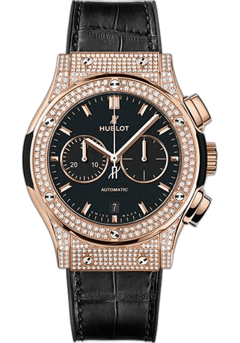 Hublot Classic Fusion Chronograph King Gold Pave Watch - 42 mm - Black Dial - Black Rubber and Leather Strap-541.OX.1181.LR.1704 42mm Pavé Black Dial
