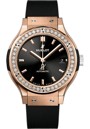 Hublot Classic Fusion King Gold Diamonds Watch - 38 mm - Black Dial - Black Lined Rubber Strap-565.OX.1480.RX.1204 38mm Diamond Black Dial