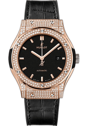 Hublot Classic Fusion King Gold Pave Watch - 42 mm - Black Dial - Black Rubber and Leather Strap-542.OX.1181.LR.1704 42mm Pavé Black Dial Ref. 542.OX.1181.LR.1704