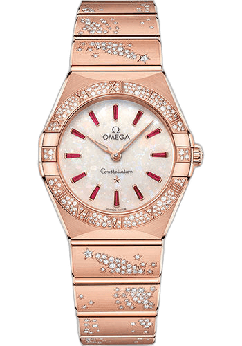 Omega Constellation Quartz - 28 mm Sedna Gold Case - Diamond Bezel - White Opal Ruby Dial - 131.55.28.60.99.003 28mm Diamond Bezel White Opal Ruby Dial (131.55.28.60.99.003