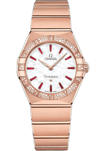 Omega Constellation Quartz - 28 mm Sedna Gold Case - Diamond Bezel - White Pearled Mother-Of-Pearl Ruby Dial - 131.55.28.60.55.004 28mm Diamond Bezel White Mother-of-Pearl Dial (131.55.28.60.55.004