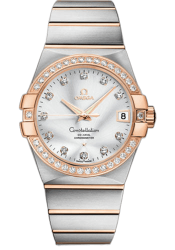 Omega Constellation Gents Constellation Chronometer Watch - 38 mm Brushed Steel And Red Gold Case - Diamond Bezel - Silver Diamond Dial - 123.25.38.21.52.001 38mm & Red Gold Diamond Bezel Silver Diamond Dial Ref. 123.25.38.21.52.001