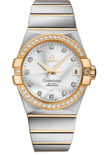 Omega 38mm & Yellow Gold Diamond Bezel Silver Diamond Dial Constellation Gents Constellation Chronometer Watch - 38 mm Brushed Steel And Yellow Gold Case - Diamond Bezel - Silver Diamond Dial - 123.25.38.21.52.002 — Ref. 123.25.38.21.52.002