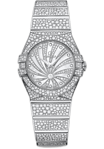 Omega 27mm Diamond Bezel Mother-of-Pearl Dial Constellation Ladies Constellation Luxury Edition Watch - 27 mm White Gold Case - Snow-Set Diamond Bezel - Mother-Of-Pearl Diamond Dial - 123.55.27.60.55.010 Watch Ref. 123.55.27.60.55.010