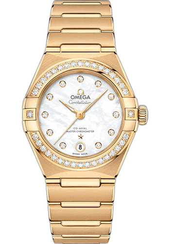 Omega Constellation Manhattan Co-Axial Master Chronometer Watch - 29 mm Yellow Gold Case - Diamond-Paved Bezel - Mother-Of-Pearl Diamond Dial - 131.55.29.20.55.002 29mm Diamond Bezel Mother-of-Pearl Dial Watch Ref. 131.55.29.20.55.002