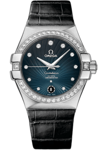 Omega 35mm Diamond Bezel Blue Diamond Dial Constellation Ladies Constellation Chronometer Watch - 35 mm Brushed Steel Case - Diamond Bezel - Blue Diamond Dial - Black Leather Strap - 123.18.35.20.56.001 Watch Ref. 123.18.35.20.56.001
