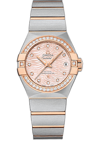 Constellation Co-Axial 27 mm Watch - 27.0 mm Steel Case - Red Gold Diamond Bezel - Pink Mother-Of-Pearl Diamond Dial - 123.25.27.20.57.004 27.0mm Diamond Bezel Pink Mother-of-Pearl Dial — Omega Ref. 123.25.27.20.57.004