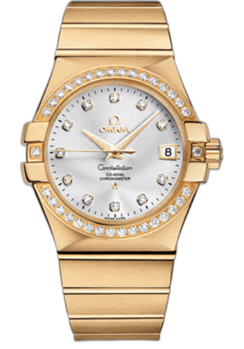 Omega 35mm Diamond Bezel Silver Diamond Dial Constellation Gents Constellation Chronometer Watch - 35 mm Brushed Yellow Gold Case - Diamond Bezel - Silver Diamond Dial - 123.55.35.20.52.002 — Ref. 123.55.35.20.52.002