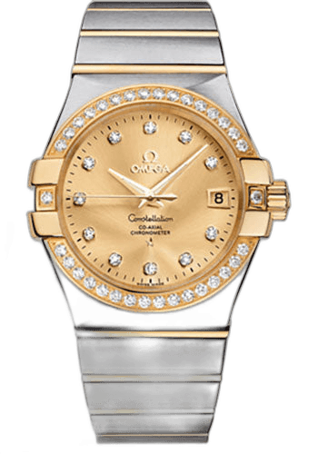 Constellation Gents Constellation Chronometer Watch - 35 mm Brushed Steel And Yellow Gold Case - Diamond Bezel - Champagne Diamond Dial - 123.25.35.20.58.001 35mm & Yellow Gold Diamond Bezel Champagne Diamond Dial by Omega — 123.25.35.20.58.001