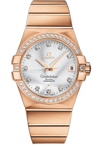 Constellation Gents Constellation Chronometer Watch - 38 mm Brushed Red Gold Case - Diamond Bezel - Silver Diamond Dial - 123.55.38.21.52.001 38mm Diamond Bezel Silver Diamond Dial by Omega — 123.55.38.21.52.001