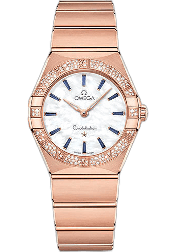 Constellation Quartz - 28 mm Sedna Gold Case - Diamond Bezel - White Pearled Mother-Of-Pearl Sapphire Dial - 131.55.28.60.55.007 28mm Diamond Bezel White Mother-of-Pearl Dial by Omega — 131.55.28.60.55.007