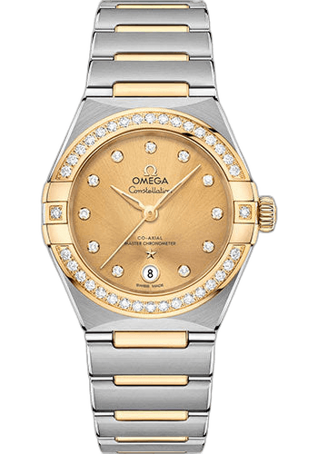 Omega Constellation Manhattan Co-Axial Master Chronometer Watch - 29 mm Steel And Yellow Gold Case - Diamond-Paved Bezel - Champagne Diamond Dial - 131.25.29.20.58.001 29mm & Yellow Gold Diamond Bezel Champagne Diamond Dial Timepiece [131.25.29.20.58.001