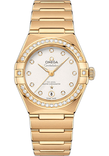 Omega Constellation Manhattan Co-Axial Master Chronometer Watch - 29 mm Yellow Gold Case - Diamond-Paved Bezel - Crystal White Silvery Diamond Dial - 131.55.29.20.52.002 29mm Diamond Bezel Crystal White Silvery Diamond Dial (131.55.29.20.52.002