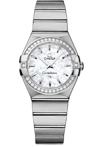 Omega Constellation Ladies Constellation Quartz Watch - 27 mm Brushed Steel Case - Diamond Bezel - Mother-Of-Pearl Dial - 123.15.27.60.05.001 27mm Diamond Bezel Mother-of-Pearl Dial Timepiece [123.15.27.60.05.001