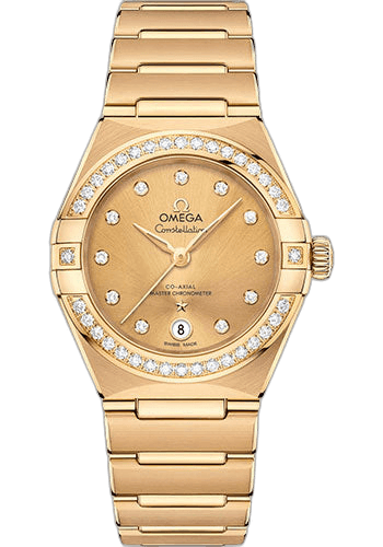 Omega Constellation Manhattan Co-Axial Master Chronometer Watch - 29 mm Yellow Gold Case - Diamond-Paved Bezel - Champagne Diamond Dial - 131.55.29.20.58.001 29mm Diamond Bezel Champagne Diamond Dial Ref. 131.55.29.20.58.001