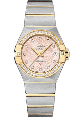 Omega Constellation Co-Axial Watch - 27 mm Steel Case - Diamond-Set Yellow Gold Bezel - Pink Mother-Of-Pearl Dial - 123.25.27.20.57.005 27mm Diamond Bezel Pink Mother-of-Pearl Dial (123.25.27.20.57.005