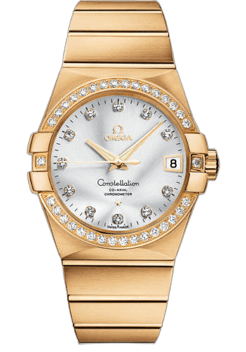 Omega 38mm Diamond Bezel Silver Diamond Dial Constellation Gents Constellation Chronometer Watch - 38 mm Brushed Yellow Gold Case - Diamond Bezel - Silver Diamond Dial - 123.55.38.21.52.002 Watch Ref. 123.55.38.21.52.002