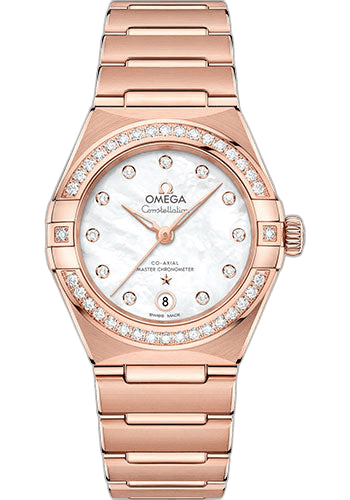 Constellation Manhattan Co-Axial Master Chronometer Watch - 29 mm Sedna Gold Case - Diamond-Paved Bezel - Mother-Of-Pearl Diamond Dial - 131.55.29.20.55.001 29mm Diamond Bezel Mother-of-Pearl Dial — Omega Ref. 131.55.29.20.55.001