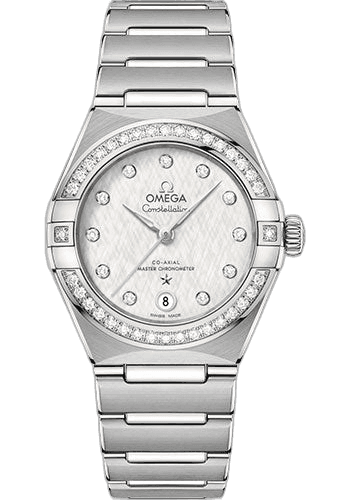 Omega Constellation Manhattan Co-Axial Master Chronometer Watch - 29 mm Steel Case - Diamond-Paved Bezel - White Silvery Dial - 131.15.29.20.52.001 29mm Diamond Bezel White Silvery Dial Timepiece [131.15.29.20.52.001