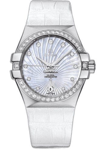 Constellation Ladies Constellation Chronometer Watch - 35 mm Brushed Steel Case - Diamond Bezel - Mother-Of-Pearl Supernova Diamond Dial - White Leather Strap - 123.18.35.20.55.001 35mm Diamond Bezel Mother-of-Pearl Dial Omega Ref. 123.18.35.20.55.001