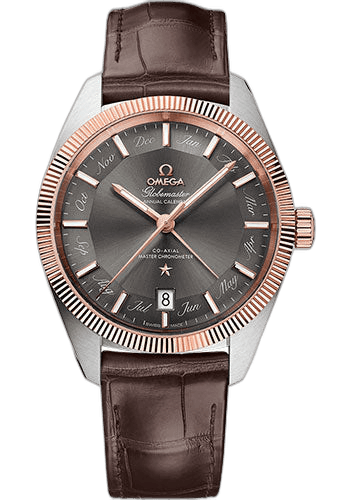 Omega 41mm & Sedna™ Gold Grey Dial Constellation Globemaster Co-Axial Master Chronometer Annual Calendar Watch - 41 mm Steel And Sedna Gold Case - Sedna Gold Fluted Bezel - Grey Dial - Brown Leather Strap - 130.23.41.22.06.001 Watch Ref. 130.23.41.22.06.001