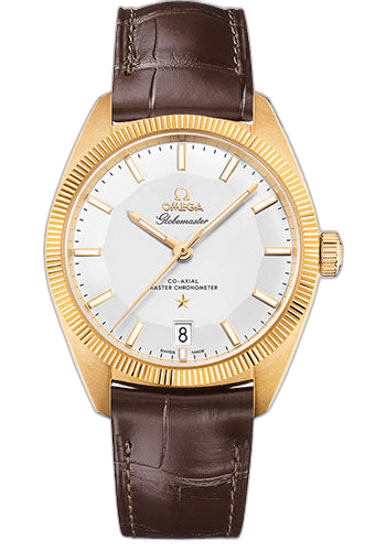 Omega 39mm Constellation Globemaster Co-Axial Master Chronometer Watch - 39 mm Yellow Gold Case - Fluted Bezel - Silvery Dial - Brown Leather Strap - 130.53.39.21.02.002 — Ref. 130.53.39.21.02.002
