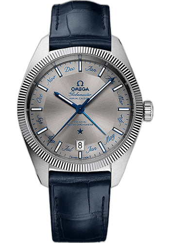 Omega Constellation Globemaster Co-Axial Master Chronometer Annual Calendar Watch - 41 mm Steel Case - Fluted Bezel - Grey Dial - Blue Leather Strap - 130.33.41.22.06.001 41mm