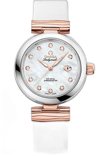 Omega De Ville Ladymatic Omega Co-Axial Watch - 34 mm Steel - Sedna Gold Case - White Diamond Dial - White Leather Strap - 425.22.34.20.55.004 34mm & Sedna™ Gold White Diamond Dial Timepiece [425.22.34.20.55.004