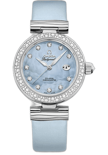 De Ville Ladymatic Omega Co-Axial Watch - 34 mm Steel Case - Diamond Bezel - Blue Diamond Dial - Blue Leather Strap - 425.37.34.20.57.003 34mm Diamond Bezel Blue Diamond Dial Omega Ref. 425.37.34.20.57.003