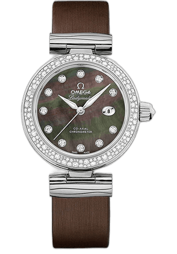 Omega De Ville Ladymatic Omega Co-Axial Watch - 34 mm Steel Case - Diamond Bezel - Black Diamond Dial - Grey Leather Strap - 425.37.34.20.57.004 34mm Diamond Bezel Black Diamond Dial Watch Ref. 425.37.34.20.57.004