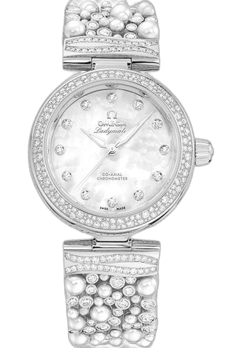 Omega 34mm Diamond Bezel White Mother-of-Pearl Dial De Ville Ladymatic Omega Co-Axial - 34 mm White Gold Case - Diamond Bezel - White Pearled Mother-Of-Pearl Diamond Dial - 425.65.34.20.55.013 Watch Ref. 425.65.34.20.55.013