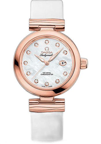 Omega De Ville Ladymatic Omega Co-Axial Watch - 34 mm Sedna Gold Case - White Diamond Dial - White Leather Strap - 425.62.34.20.55.004 34mm Ref. 425.62.34.20.55.004