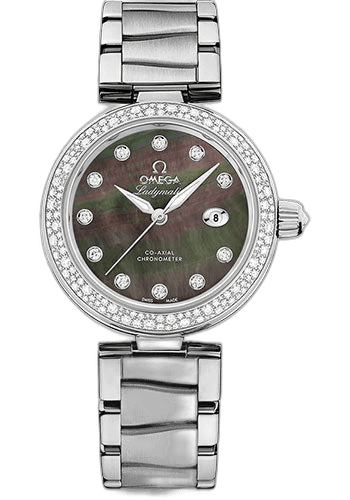 Omega De Ville Ladymatic Omega Co-Axial Watch - 34 mm Steel Case - Diamond Bezel - Black Diamond Dial - 425.35.34.20.57.004 34mm Diamond Bezel Black Diamond Dial