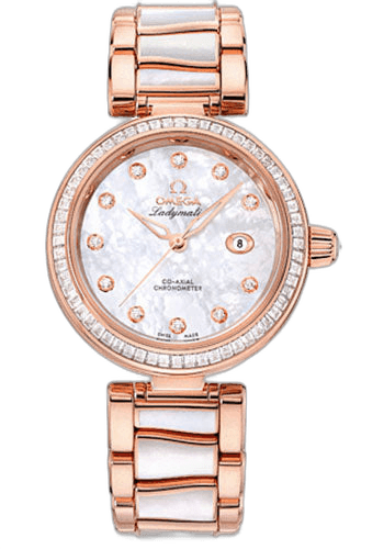 De Ville Ladymatic Omega Co-Axial Watch - 34 mm Sedna Red Gold Case - Diamond Bezel - Mother-Of-Pearl Diamond Dial - Sedna Gold Bracelet - 425.65.34.20.55.007 34mm Diamond Bezel Mother-of-Pearl Dial by Omega — 425.65.34.20.55.007
