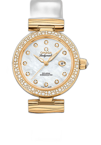 De Ville Ladymatic Omega Co-Axial Watch - 34 mm Yellow Gold Case - Diamond Bezel - White Diamond Dial - White Leather Strap - 425.67.34.20.55.007 34mm Diamond Bezel White Diamond Dial — Omega Ref. 425.67.34.20.55.007