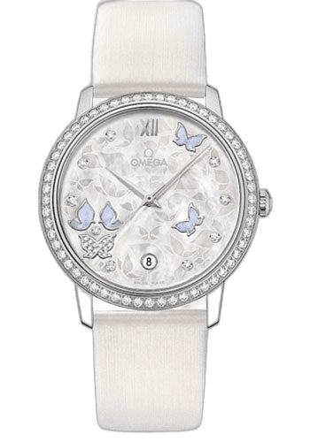 Omega De Ville Prestige Co-Axial Watch - 36.8 mm White Gold Case - Diamond Bezel - Mother-Of-Pearl Diamond Dial - White Leather Strap - 424.57.37.20.55.002 36.8mm Diamond Bezel Mother-of-Pearl Dial Ref. 424.57.37.20.55.002