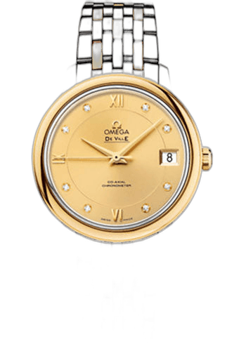 Omega De Ville Prestige Co-Axial Watch - 32.7 mm Steel And Yellow Gold Case - Champagne Diamond Dial - 424.20.33.20.58.001 32.7mm & Yellow Gold Champagne Diamond Dial Timepiece [424.20.33.20.58.001