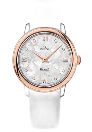 Omega De Ville Prestige Quartz Watch - 32.7 mm Steel Case - Red Gold Bezel - Silver Diamond Dial - White Satin-Brushed Leather Strap - 424.22.33.60.52.001 32.7mm (424.22.33.60.52.001