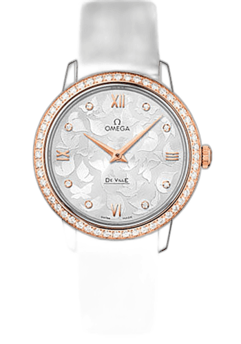 De Ville Prestige Quartz Watch - 32.7 mm Steel Case - Diamond-Set Red Gold Bezel - Silver Diamond Dial - White Satin-Brushed Leather Strap - 424.27.33.60.52.001 32.7mm Diamond Bezel Silver Diamond Dial Omega Ref. 424.27.33.60.52.001